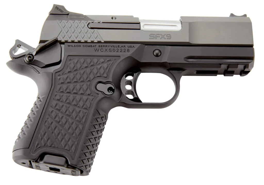 Wilson Combat SFX9SCR3A SFX9 Sub-Compact 9mm Luger 10+1 15+1 3.25" Stainless Steel Barrel, Black DLC Serrated Stainless Steel Slide, Black Aluminum Frame w/Beavertail & Picatinny Rail, Black G10 Grip