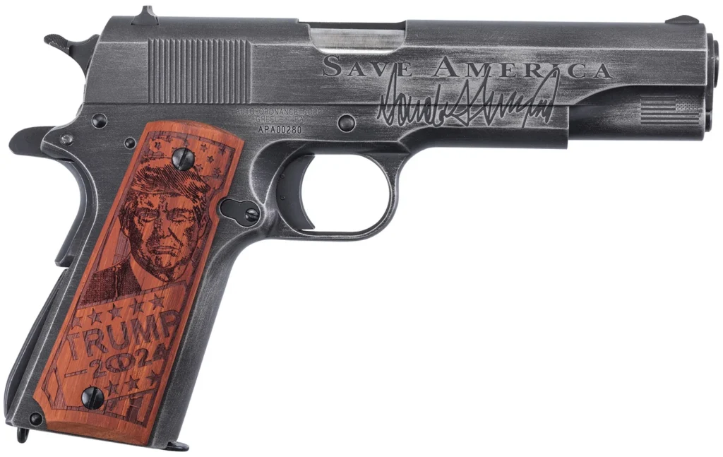 Auto-Ordnance 1911BKOC12 1911 Trump Save America 45 ACP  5" Barrel 7+1, Distressed Armor Black Cerakote, Carbon Steel Beavertail Frame, Serrated Engraved Slide, Custom Engraved Goncalo Wood Grip