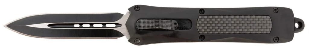 Steel River Knives A163BD Spartan  3.50" OTF Dagger Plain Black/Silver 440C SS Blade/ Black w/Carbon Fiber Inlay Aluminum Zinc Alloy Handle