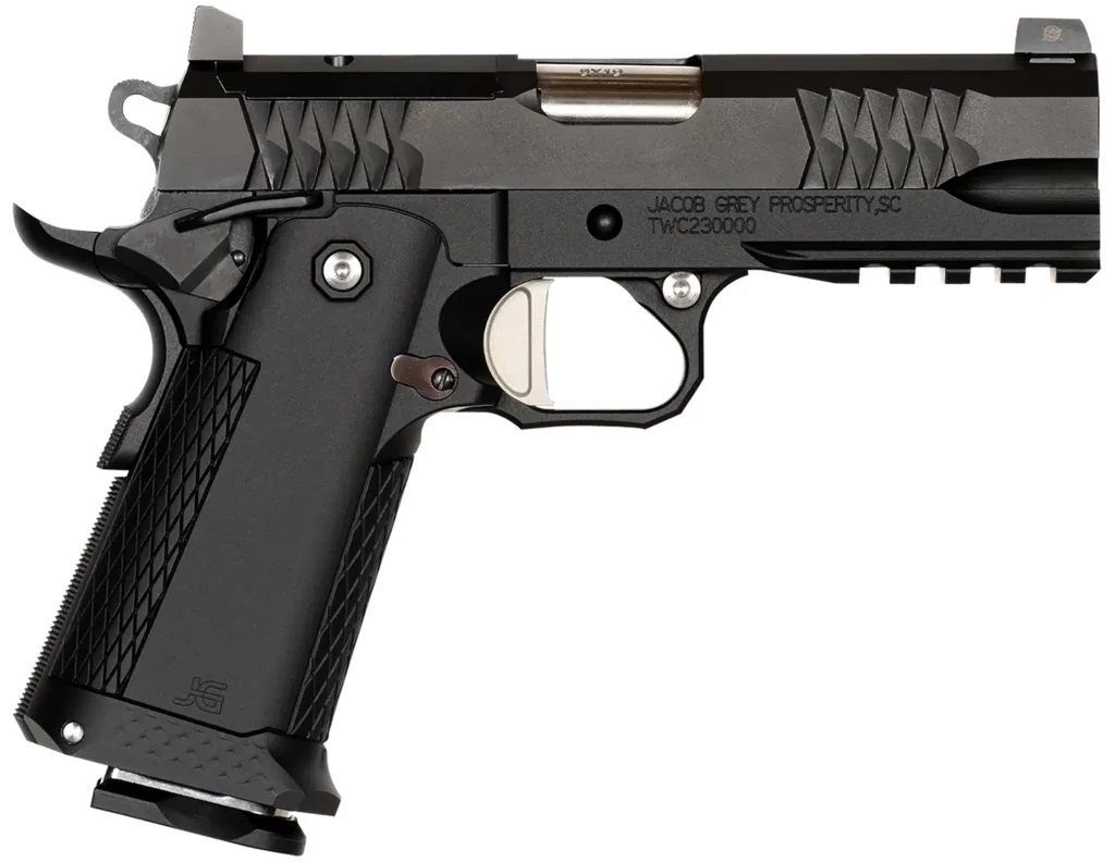 JACOB GREY FIREARMS TWC9425 TWC9  9mm Luger 17+1 4.25" Stainless Bull Barrel, Black Optic Ready/Serrated Steel Slide, Black Aluminum Frame w/Beavertail & Picatinny Rail