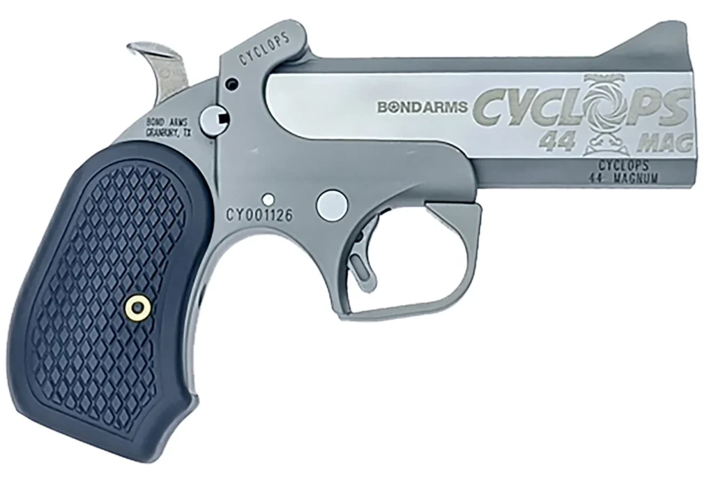 Bond Arms BACY Cyclops Big Bore 44 Mag 1rd, 4.25" Matte Stainless Steel w/Engraved Barrel, Matte Stainless Steel Frame, Black Extended B6 Resin Grip