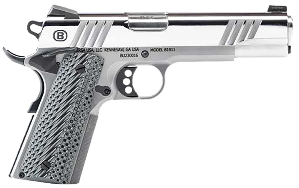 Bersa B19117050PMBG B1911 Mirror Full Size Frame 45 ACP 8+1 5" Stainless Steel Barrel, Polished Stainless Serrated Steel Slide, Stainless Steel Frame w/Beavertail, Gray VZ Grip, Ambidextrous