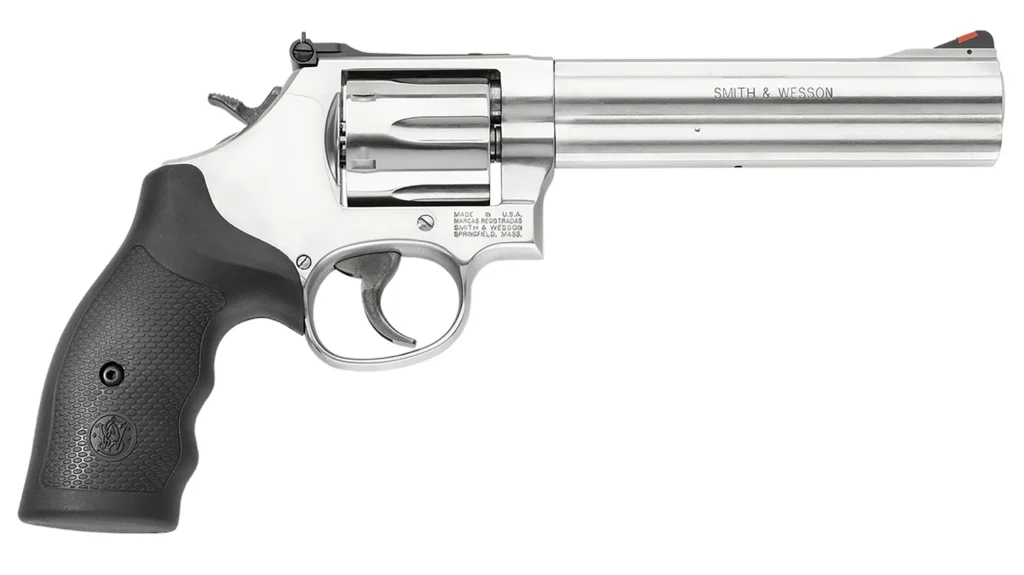 Smith & Wesson 164224 Model 686  357 Mag or 38 S&W Spl +P Stainless Steel 6" Barrel & 6rd Cylinder, Satin Stainless Steel L-Frame,  Red Ramp Front/Adjustable White Outline Rear Sights Internal Lock